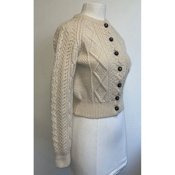 Vintage CHANEL Pure Wool Cable-Knit CC Button Beige Cropped Cardigan Sweater 38 - Picture 2 of 16